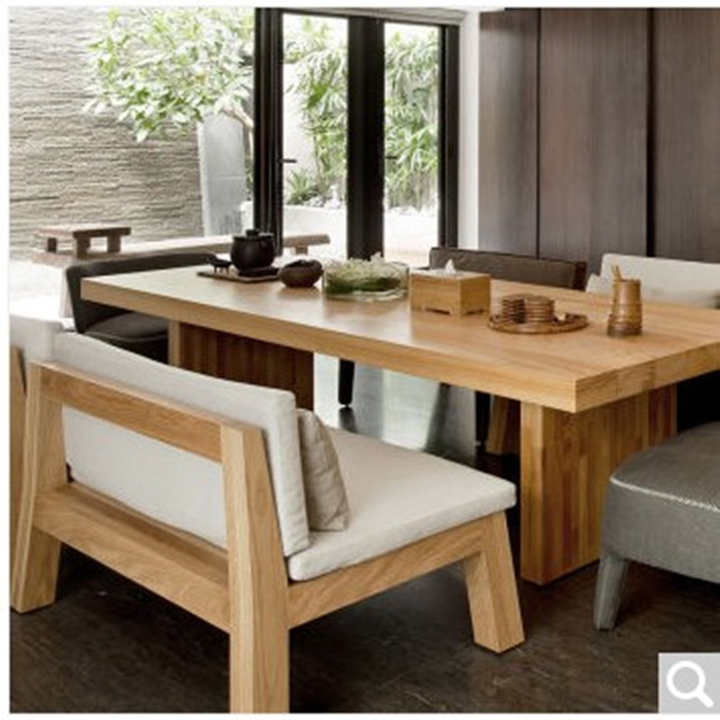 全实木餐桌椅组合 长方形复古原木咖啡长桌美式乡村餐厅简约饭桌 实木沙发椅含坐垫80*50*70