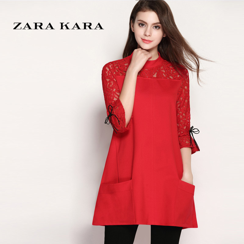 ZARA KARA蕾丝镂空红色连衣裙修身显瘦时尚针织A字型裙子2017春装新款女 L 红色