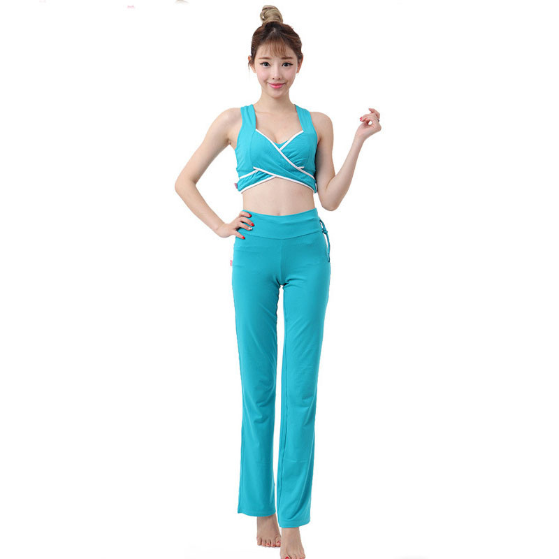 嘟嘟美倍尔 夏季款瑜伽服女套装健身舞蹈瑜珈居家服户外运动瑜伽舞蹈1788 天蓝色长裤