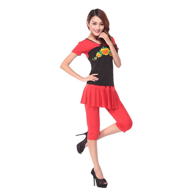 嘟嘟美倍尔 夏季舞蹈广场舞服装套装新款短袖七分裤表演出服中老年跳舞衣 红色