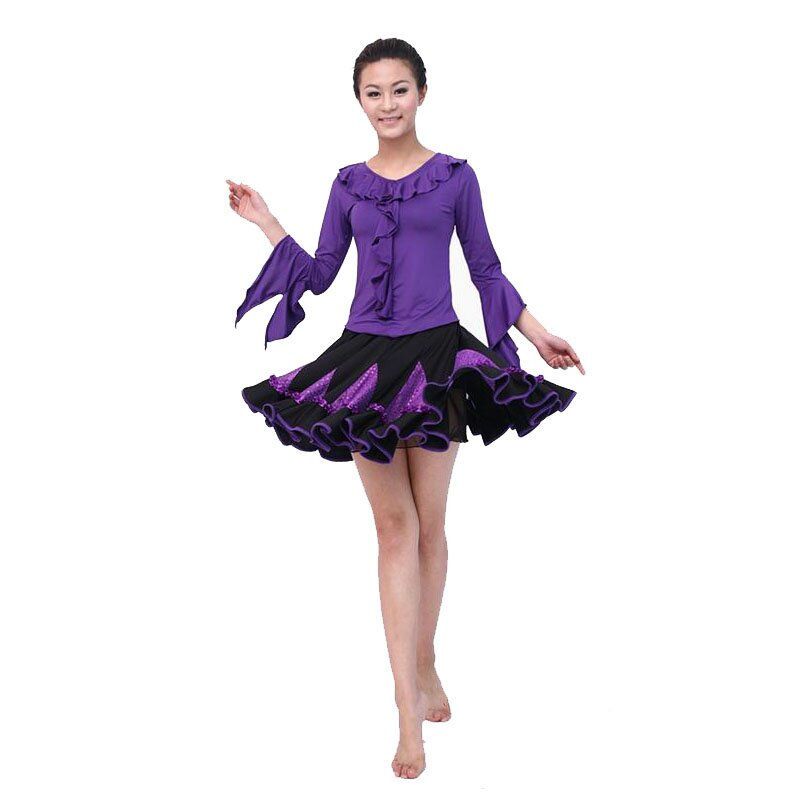 嘟嘟美倍尔 夏季广场舞服装 套装 喇叭袖跳舞亮片裙子 成人拉丁舞服装户外运动瑜伽舞蹈 紫色套装