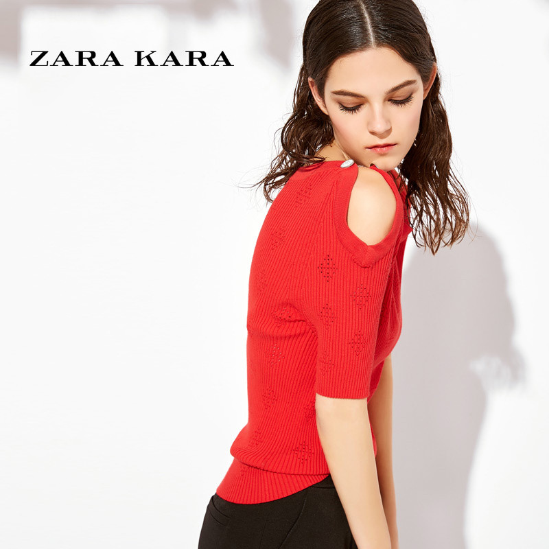 ZARA KARA2017春装新款女短袖露肩圆领针织衫修身显瘦宽松红色打底T恤 L 红色