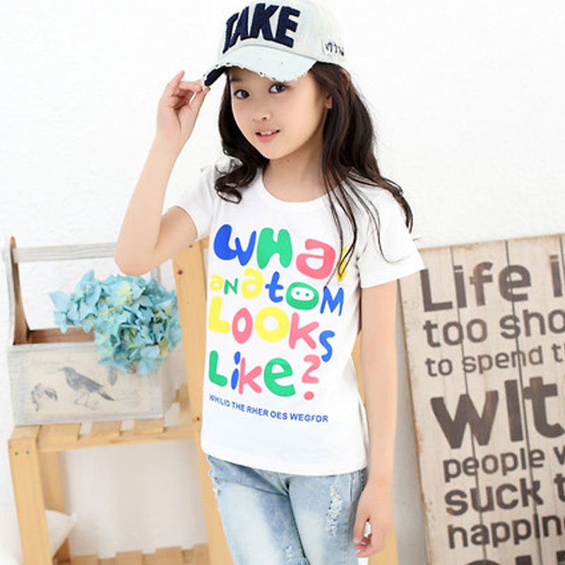 童装女童夏装2017新款儿童短袖T恤中大童体恤衫卡通上衣女童T恤春夏季小孩子衣服短袖女宝宝可爱卡通 110cm 彩色英文短T白色