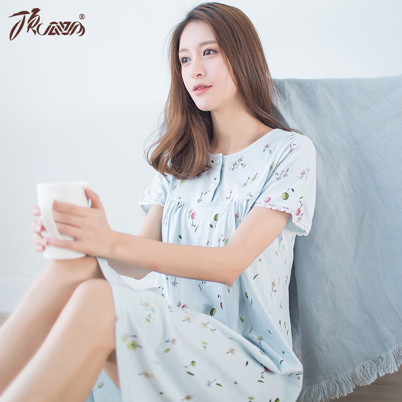 顶瓜瓜睡衣女纯棉印花睡裙女夏甜美短袖短裙可爱家居服睡衣 M-160cm 浅蓝色
