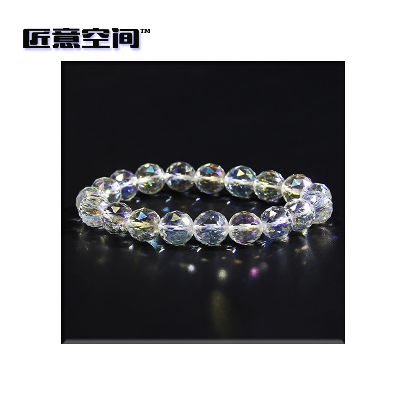 东海 水晶 彩虹晶 多面体 圆珠 手链 10mm 手工打磨 女款 白色