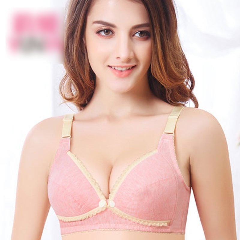 2017年新款哺乳文胸产后浦防下垂聚拢有型怀孕期孕妇内衣胸罩母乳无钢圈喂奶薄模杯孕产妇专用棉聚拢前开扣式产后大码 95C 天然粉色