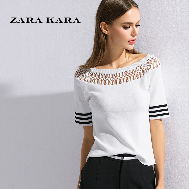 ZARA KARA白色条纹半袖一字肩上衣女夏镂空五分袖一字领T恤韩版女装衣服B XL 白色