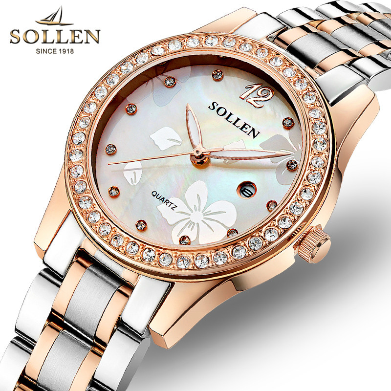 梭伦SOLLEN新款正品手表女士时尚商务款钢带女表潮流韩版水钻简约休闲复古精钢防水石英表 SL-422