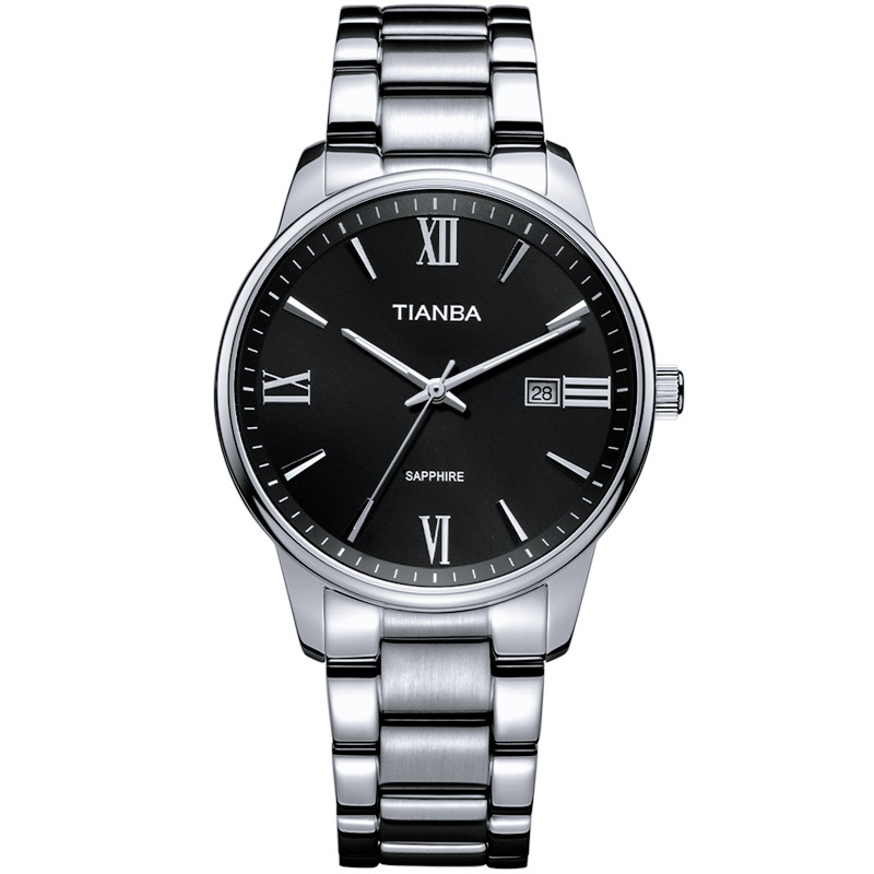 天霸(TIANBA)手表 时尚情侣款金属不锈钢简约带日历商务时尚 石英表 男 TM3006.01SS 黑色