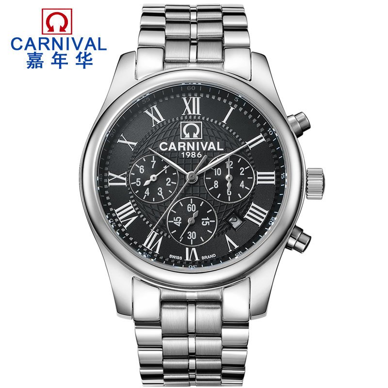 嘉年华名匠运动手表男 全自动机械表 男士精钢带防水休闲男表正品v007休闲时尚金属蝴蝶扣腕表 星球本色黑盘