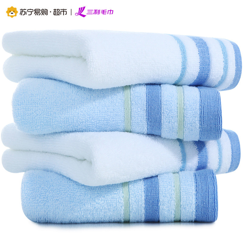 三利 纯棉毛巾4条装 素色布褶缎档柔软吸水洗脸面巾 浅蓝+白色 33×72cm