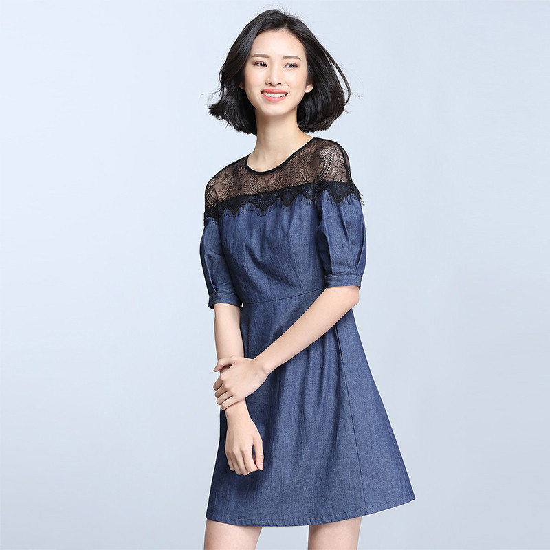 梵希蔓时尚蕾丝花边牛仔拼接连衣裙92121LS