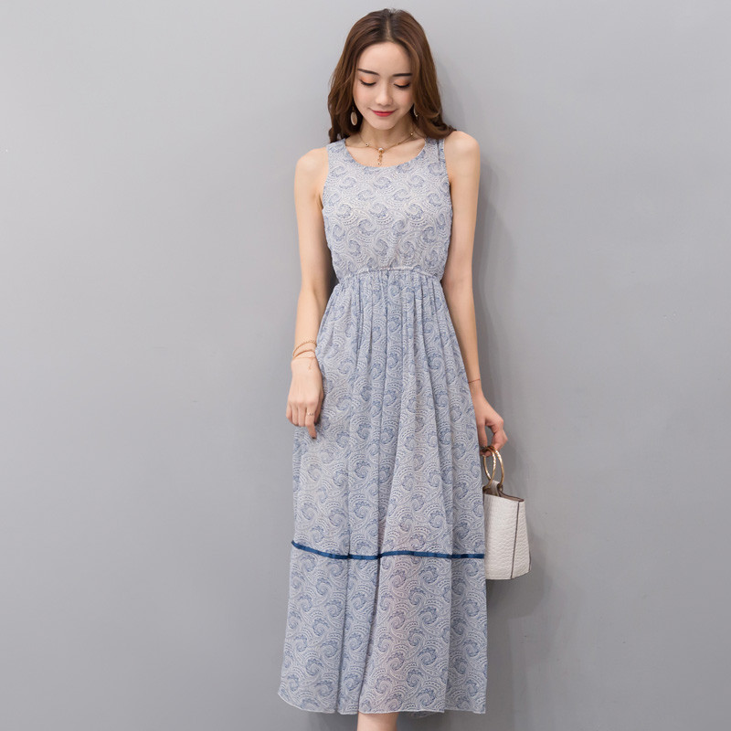 丝柏舍2018夏季新款女装气质圆领吊带收腰中长款连衣裙S72R0507 蓝色 S