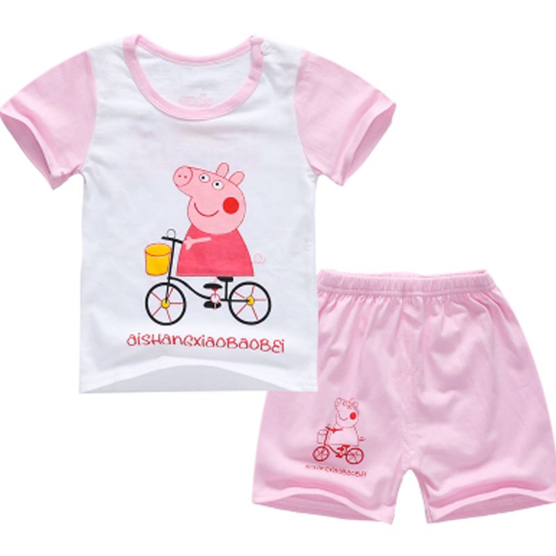 2017新品夏季儿童短裤短袖套装夏季新款2017男女童短袖七分裤宝宝T恤短裤套装可爱简约休闲小男孩子夏天套装 80cm(60码建议80-90cm) 短裤-小猪佩奇