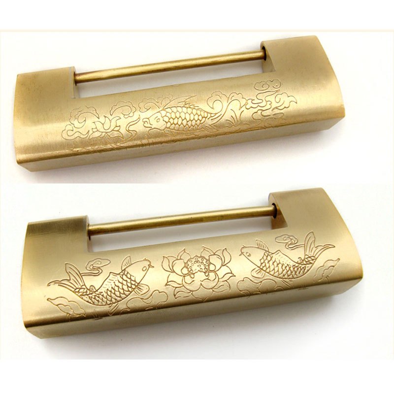 铜锁中式仿古锁横开挂锁老式小锁头复古刻花铜皮卷压纯铜古代横插销锁