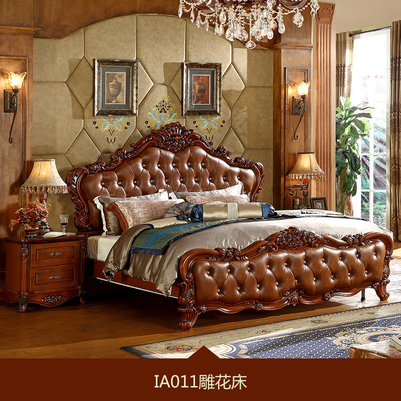 拉菲伯爵 床 欧式床 双人床 床双人床 皮床 卧室家具 美式床 实木床1.8 美式乡村床类 IA011 木质皮质床 1.8米半开高箱床
