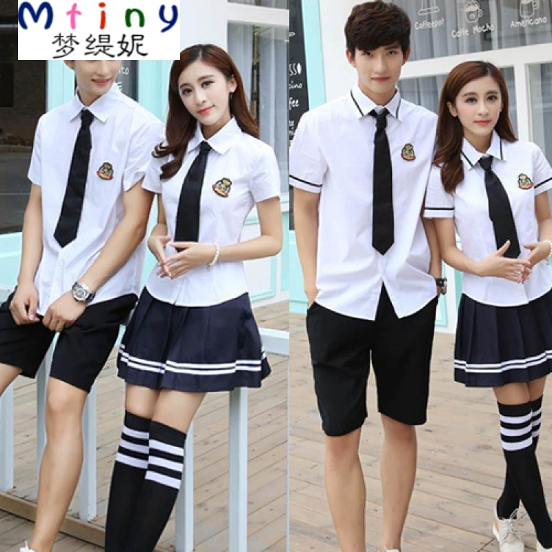 Mtiny毕业照服装学生装高中毕业季班服学院风高三大学生校服套装白衬衫 M 女短袖黑边白衬衫裙子