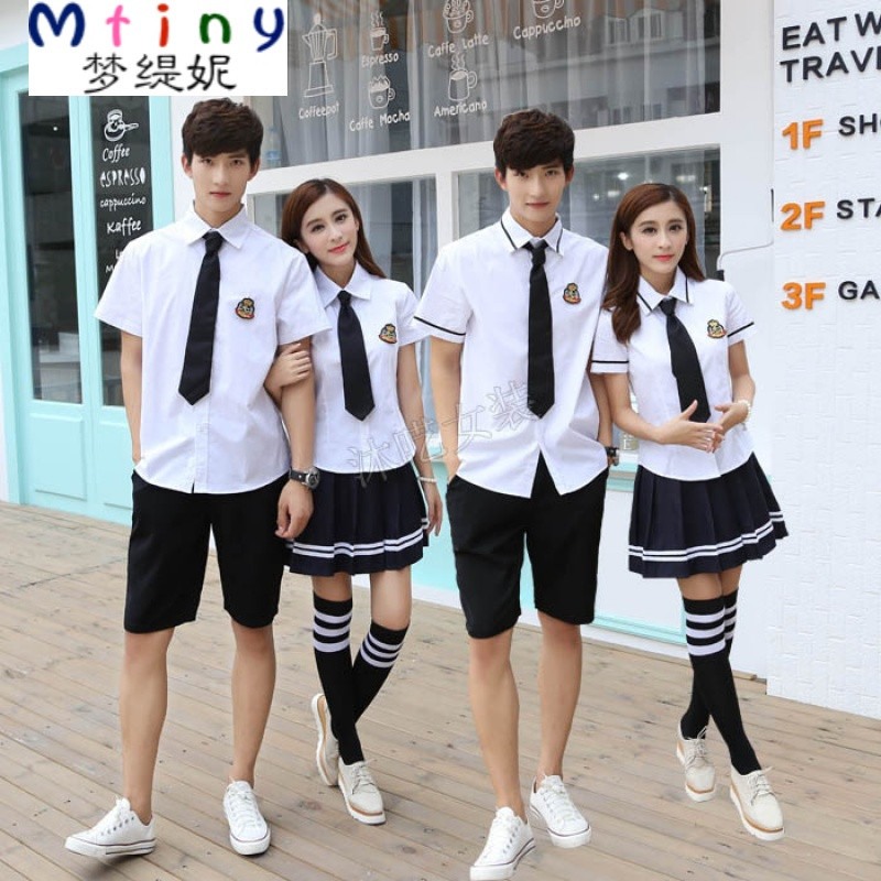 Mtiny毕业照服装学生装高中毕业季班服学院风高三大学生校服套装白衬衫 S 女衬衣短袖黑边