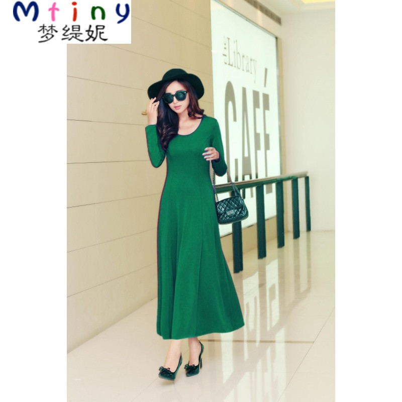 Mtiny【天天特价】夏季大码女装圆领背心裙韩版时尚修身连衣裙大摆长裙_4_9 M 绿色长袖