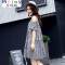Mtiny夏装新款黑白格子宽松A字裙女时尚清新甜美露肩花边袖连衣裙