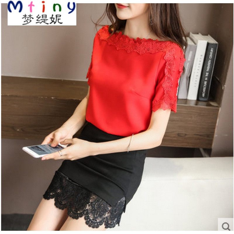 Mtiny【天天特价】宽松百搭雪纺衫短袖蕾丝衫假两件蕾丝打底上衣女潮_7_2_9_4 M 红色【912款】