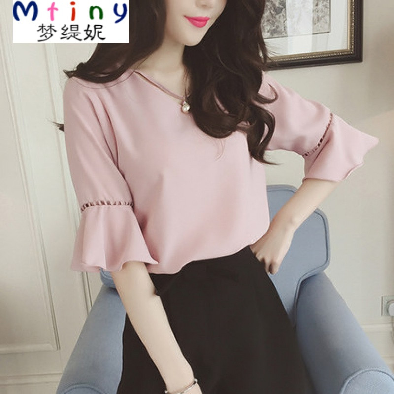Mtiny【天天特价】宽松百搭雪纺衫短袖蕾丝衫假两件蕾丝打底上衣女潮_7_2_9_4 M 粉色【905款】