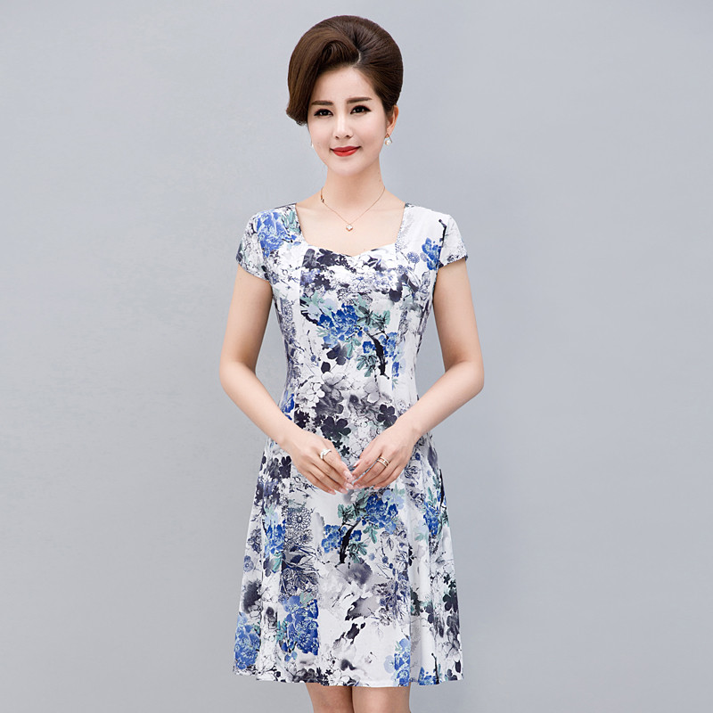 2017款】中老年女装中年大码胖妈妈装短袖全棉绸碎花连衣裙子2017夏装新款 L 3号色