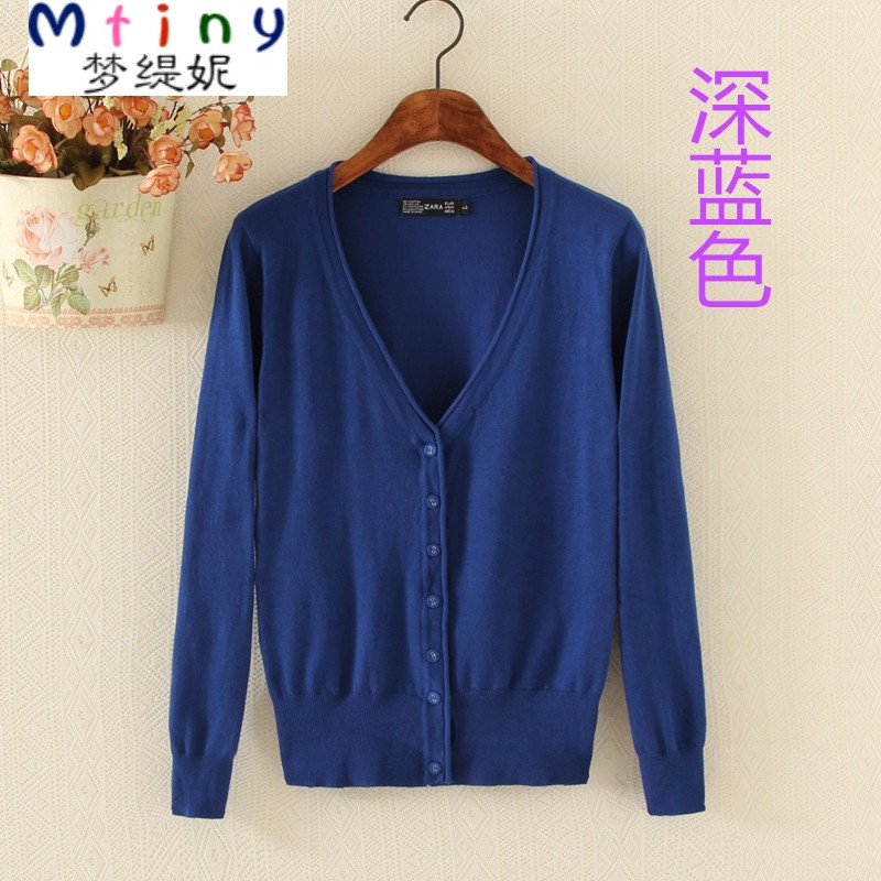 Mtiny春夏秋季薄款针织衫女开衫长袖V领外搭短款毛衣小披肩外套_1 深蓝色 S