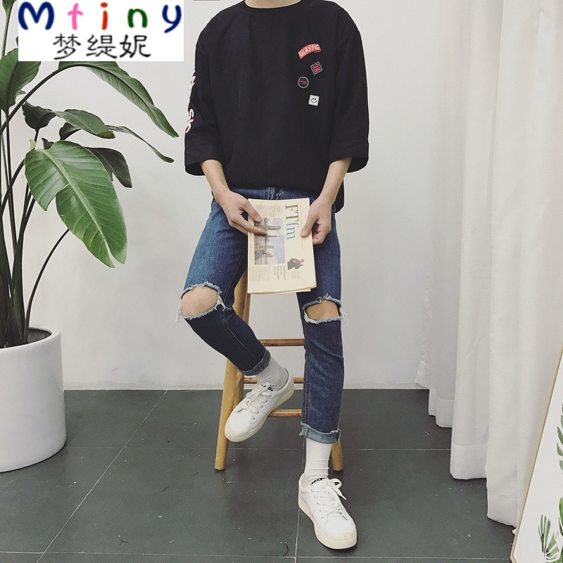Mtiny港仔秋季情侣装韩版简约学生男女个性徽章薄套头圆领七分袖卫衣 2XL 2118#黑色