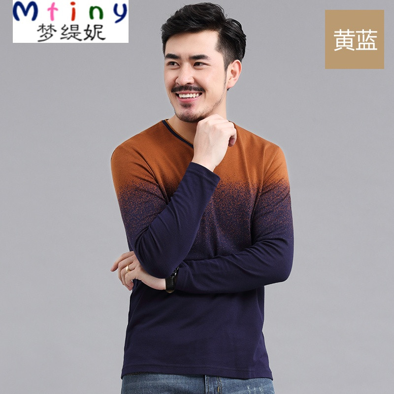 Mtiny男装2017春秋韩版修身V领长袖T恤商务休闲青年男士渐变针织衫 54/185/XXL 22黄蓝