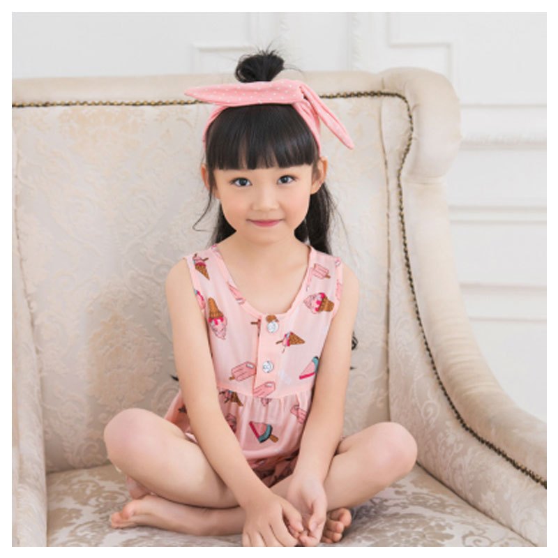 2017新品夏季儿童女童睡衣短袖短裤薄款小孩中大童绵绸宝宝家居服套装简约小清新多款多色可选 130cm 儿童背心-粉色冰激凌
