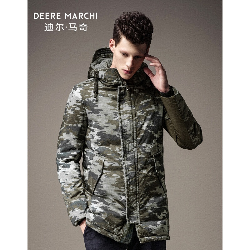 迪尔马奇冬装新款男士羽绒服迷彩连帽中长款保暖外套M13757绿色 XXXL 默认颜色