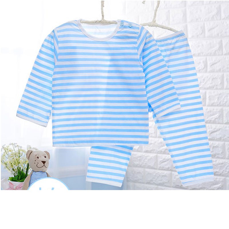 2017新品夏季男女宝宝空调服薄款秋衣男童睡衣婴儿衣服儿童内衣套装夏季简约小清新多款多色可选 100cm 经典条纹蓝