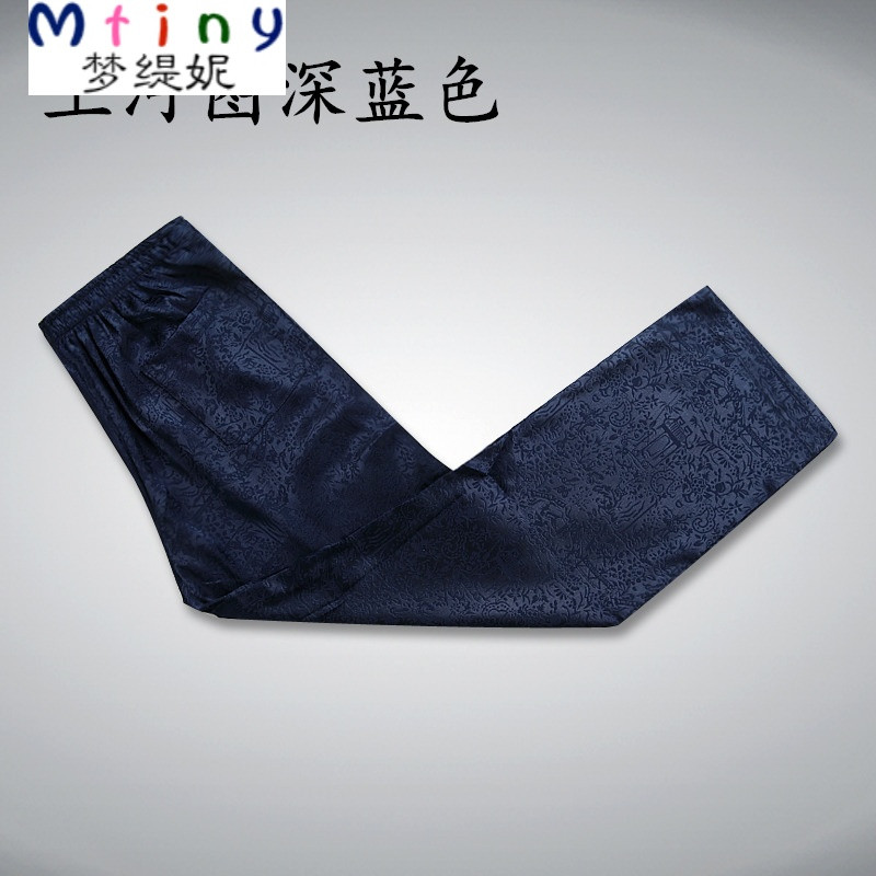 Mtiny唐装男士短袖夏季中老年汉服中年爸爸装夏装衬衫中式大码男装上衣 180 上河图深蓝色裤子