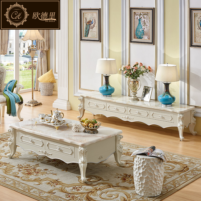 欧德里 欧式电视柜大理石面客厅简欧卧室象牙白电视机柜茶几组合 大理石茶几1.4*0.8【白冰花】