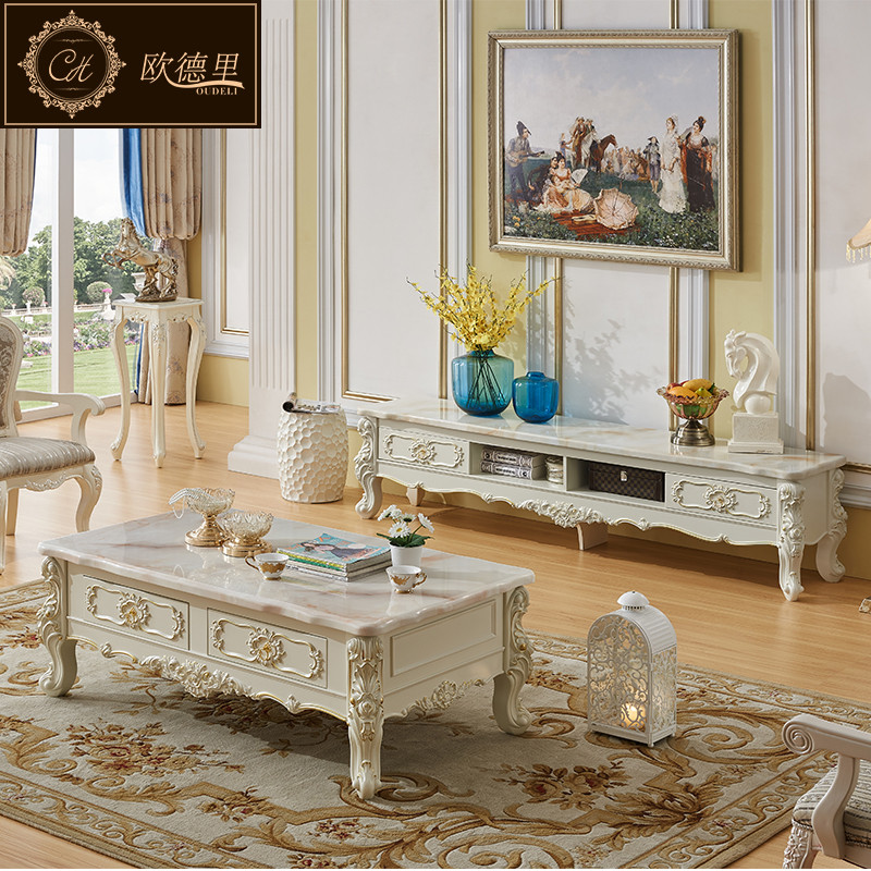 欧德里 欧式电视柜大理石面客厅简欧象牙白电视机柜茶几组合 大理石茶几1.3*0.7【描金】