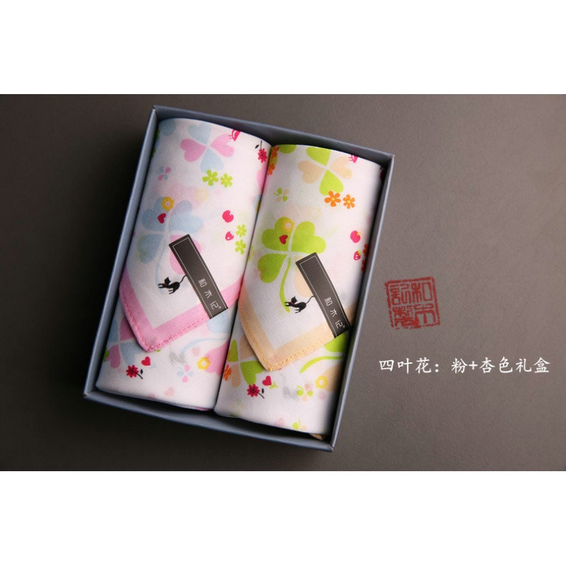 新款上市】【】(花千寻)手帕女士手绢纯棉吸汗方巾公司礼品包邮 四叶花：粉+杏色礼盒