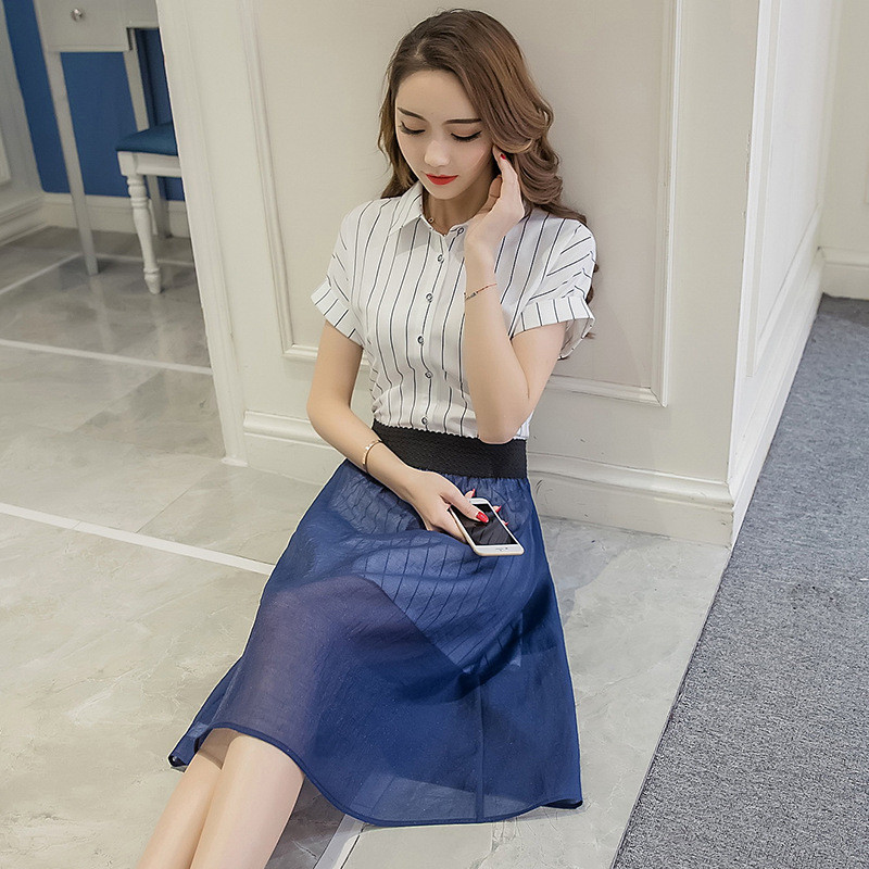 蒂妮佳 夏装新品韩版翻领条纹衬衣裙 松紧腰半身裙两件套 3241