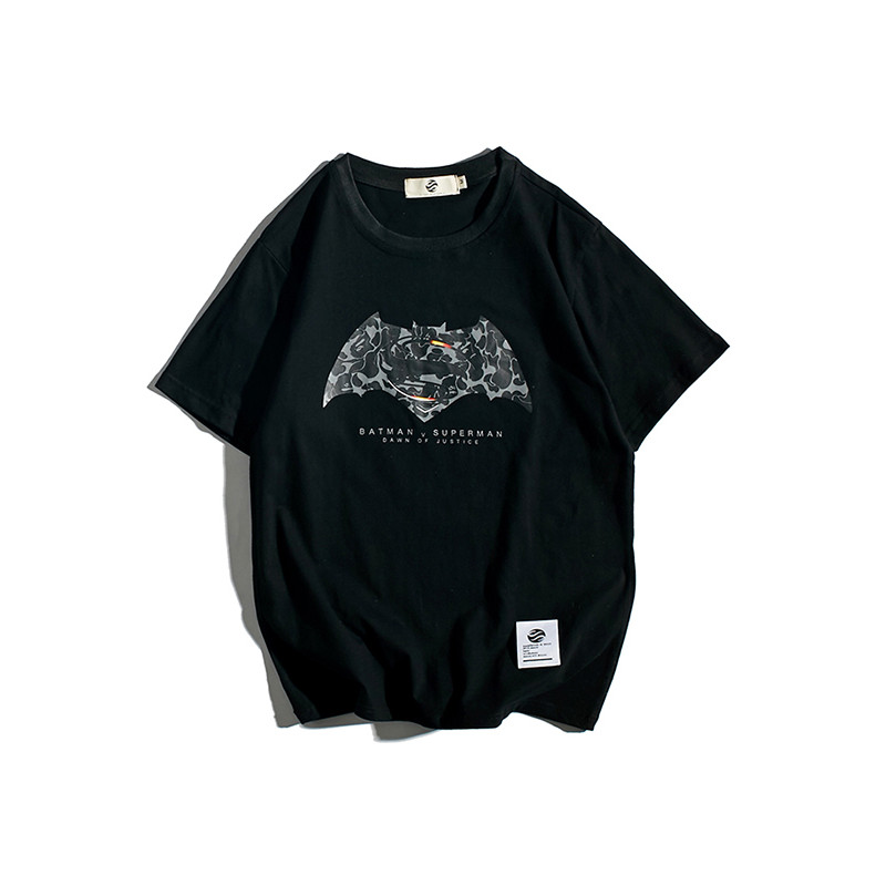 吉服社夏季新款蝙蝠侠印花短袖T恤潮男日系复古圆领修身体恤衫 XXL 黑色