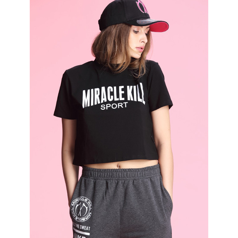 MIRACLEKILL 2017春夏新款MK字母短款圆领女装短袖T恤 S 黑色