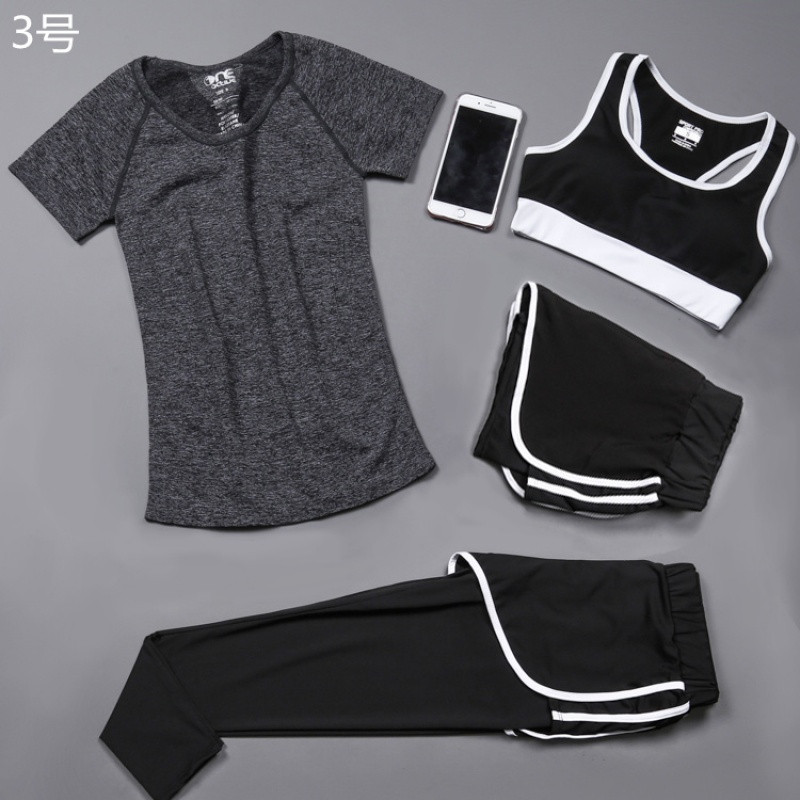 818款春夏瑜伽服三件套装女健身服跑步运动套装短袖上衣四件套 L 3号