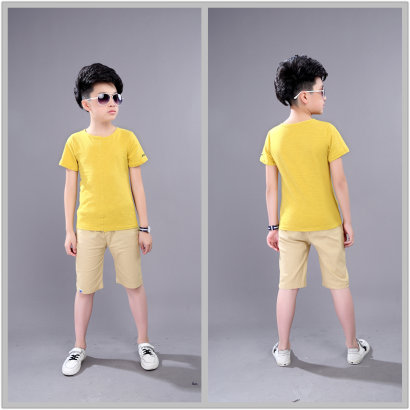 童装男童夏装套装2017新款中大童棉T恤儿童夏季短袖宝宝两件套 130码(建议身高120厘米) 黄色