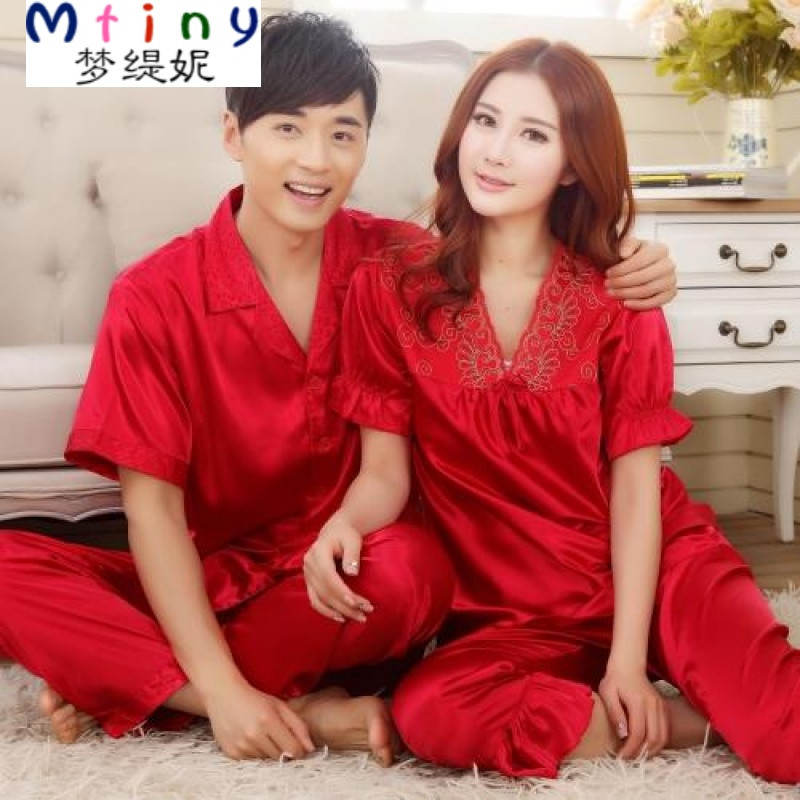 Mtiny春夏季短袖丝绸情侣结婚睡衣长袖真丝男女士大红色睡衣套装家居服 男款XL 短袖丽丽红色
