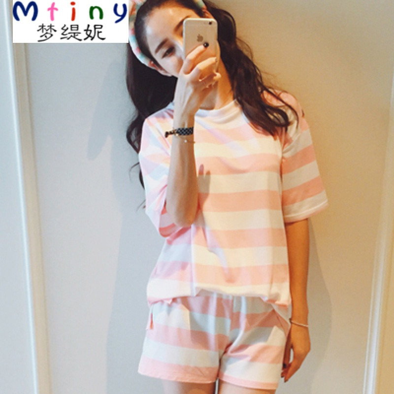 Mtiny韩版学生睡衣女夏吊带套装短裤少女休闲两件套薄款可爱公主家居服 XXL【130-140斤】 粉白条纹