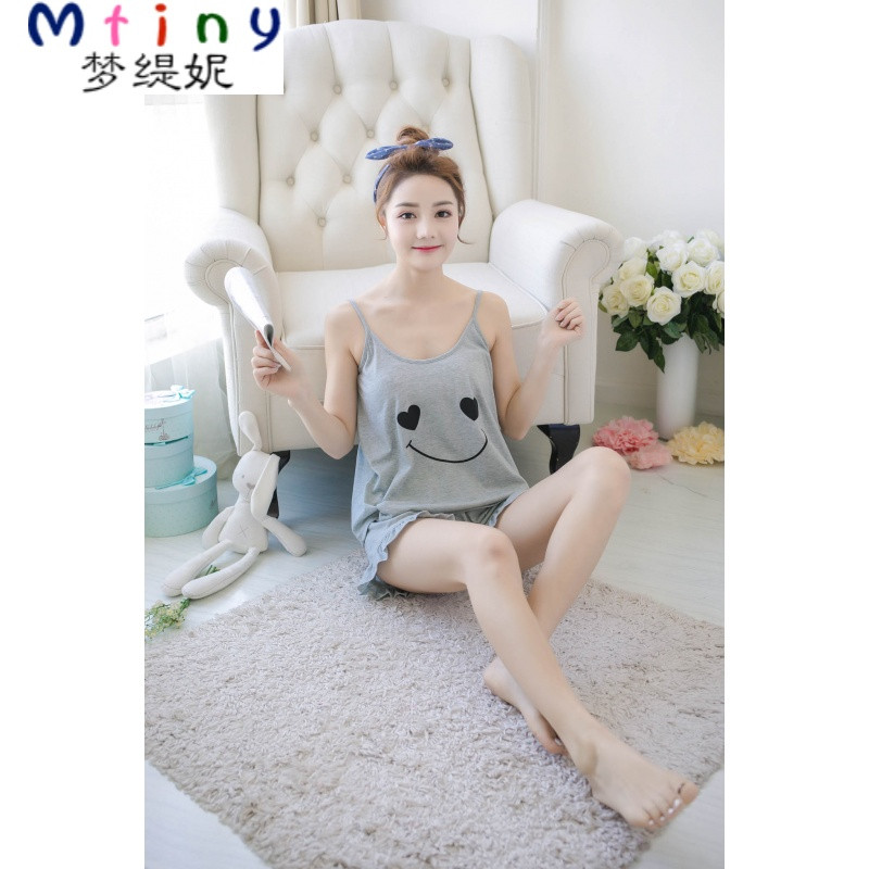 Mtiny韩版学生睡衣女夏吊带套装短裤少女休闲两件套薄款可爱公主家居服 L【100-115斤】 吊带笑脸灰色