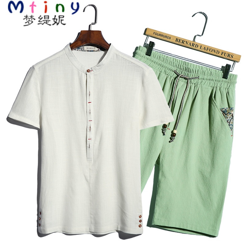 Mtiny男士夏装中国风大码亚麻短袖短裤一套装中老年棉服潮爸爸男装 4XL 白衣绿裤