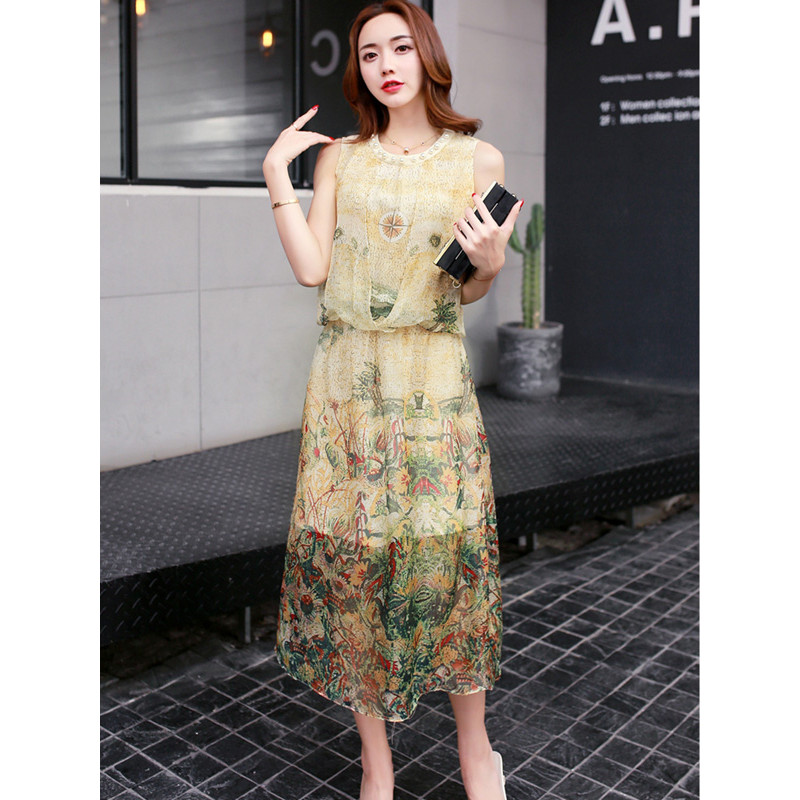 丝柏舍2019夏装女装个性前卫时尚无袖钉珠圆领印花收腰中长款连衣裙S72R1143L 黄色 M