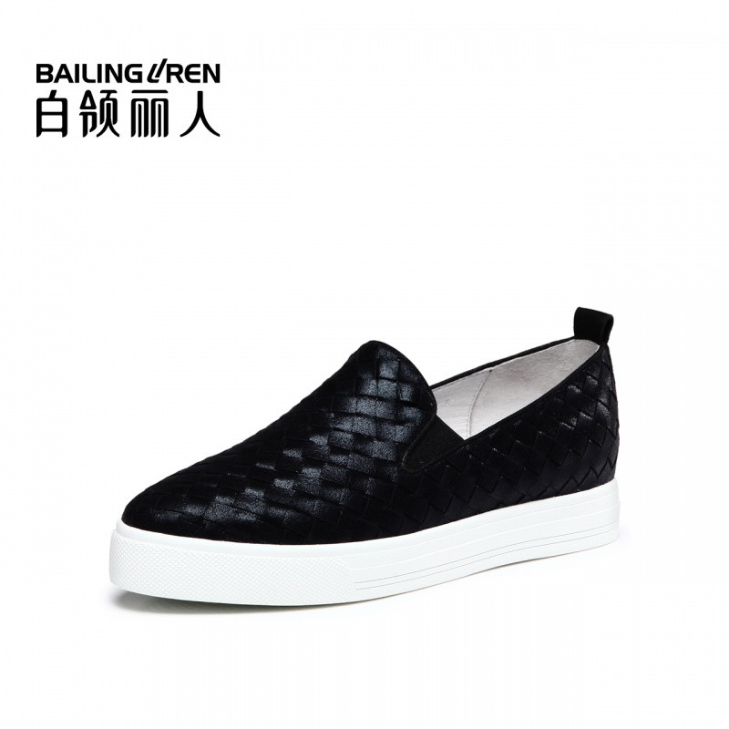 白领丽人春新欧美时尚舒适圆头编织布纹羊皮平底休闲鞋 黑色现货 39