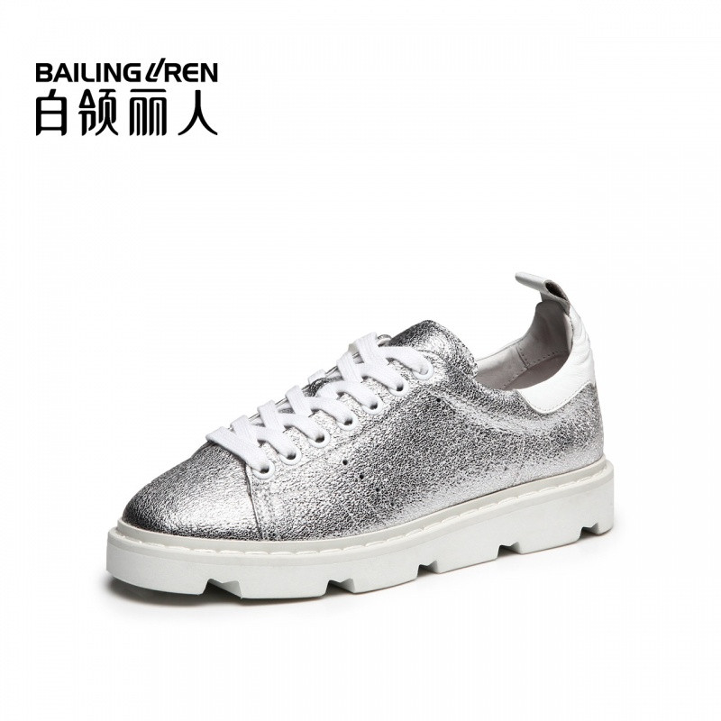 白领丽人春夏新款时尚碎金属牛皮休闲圆头系带女鞋 银色现货 35