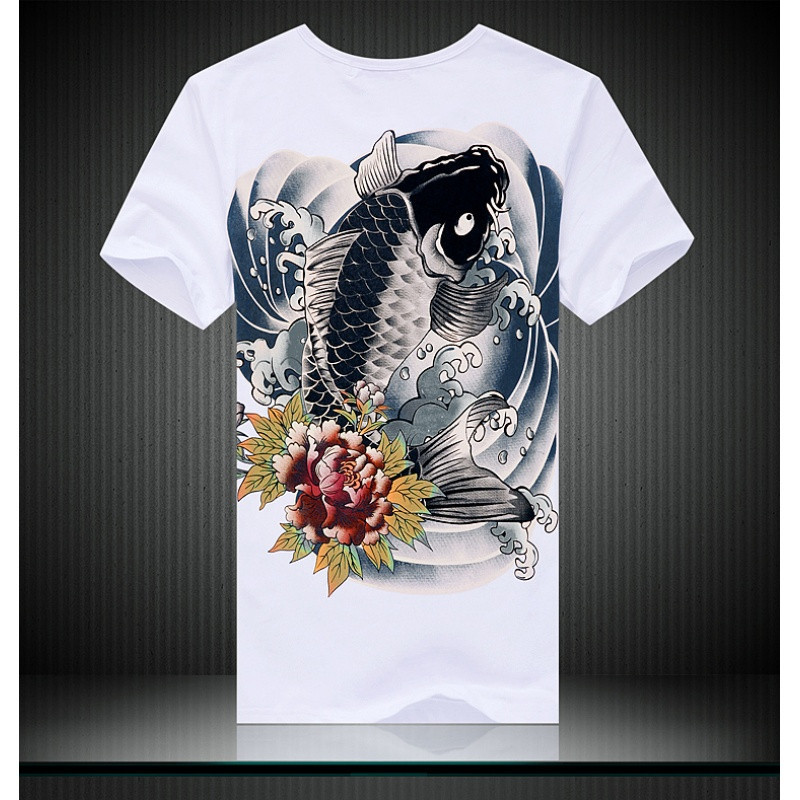 新款男士夏季鲤鱼图案纹身短袖男装花T恤霸气关公龙个性印花衣服潮 4XL（170-180斤） 白棕黑白玫瑰鱼